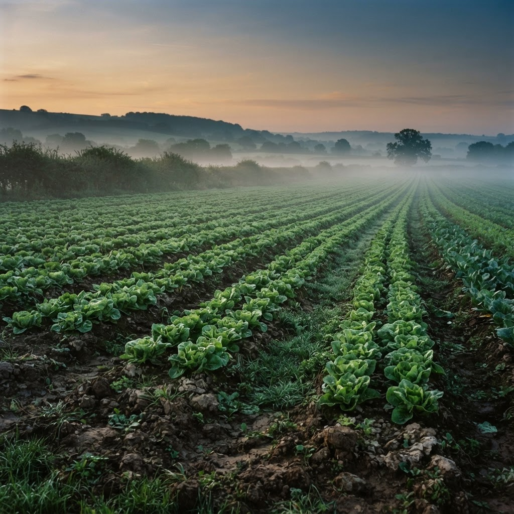 Filas ordenadas de cultivos bajo una neblina matutina