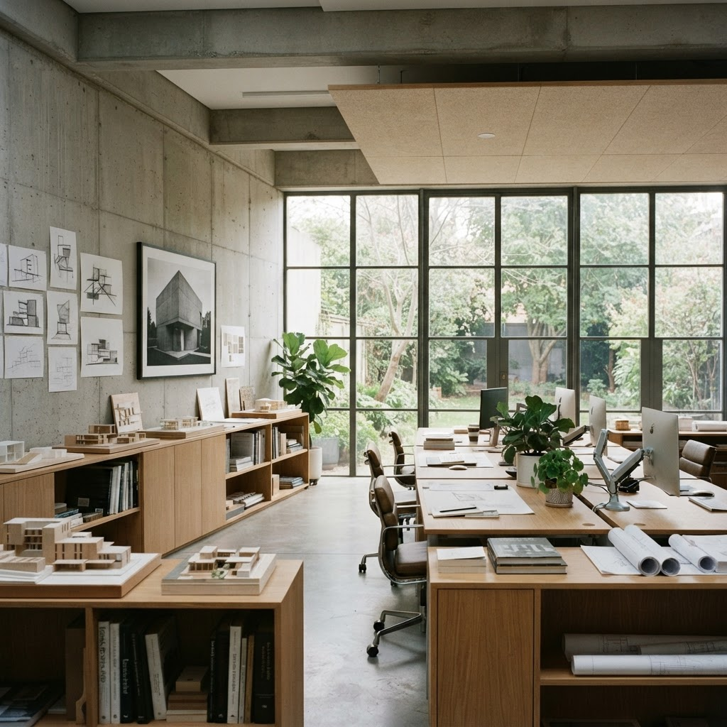 Un espacio de construcción elegante y funcional con luz natural